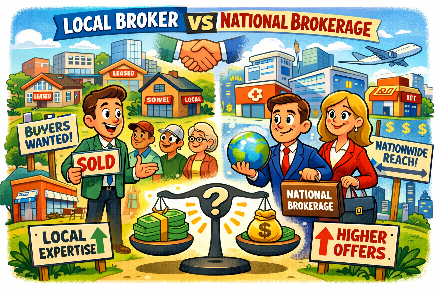 Local broker versus national brokerage comparison showing how buyer reach and expertise impact commercial real estate pricing outcomes