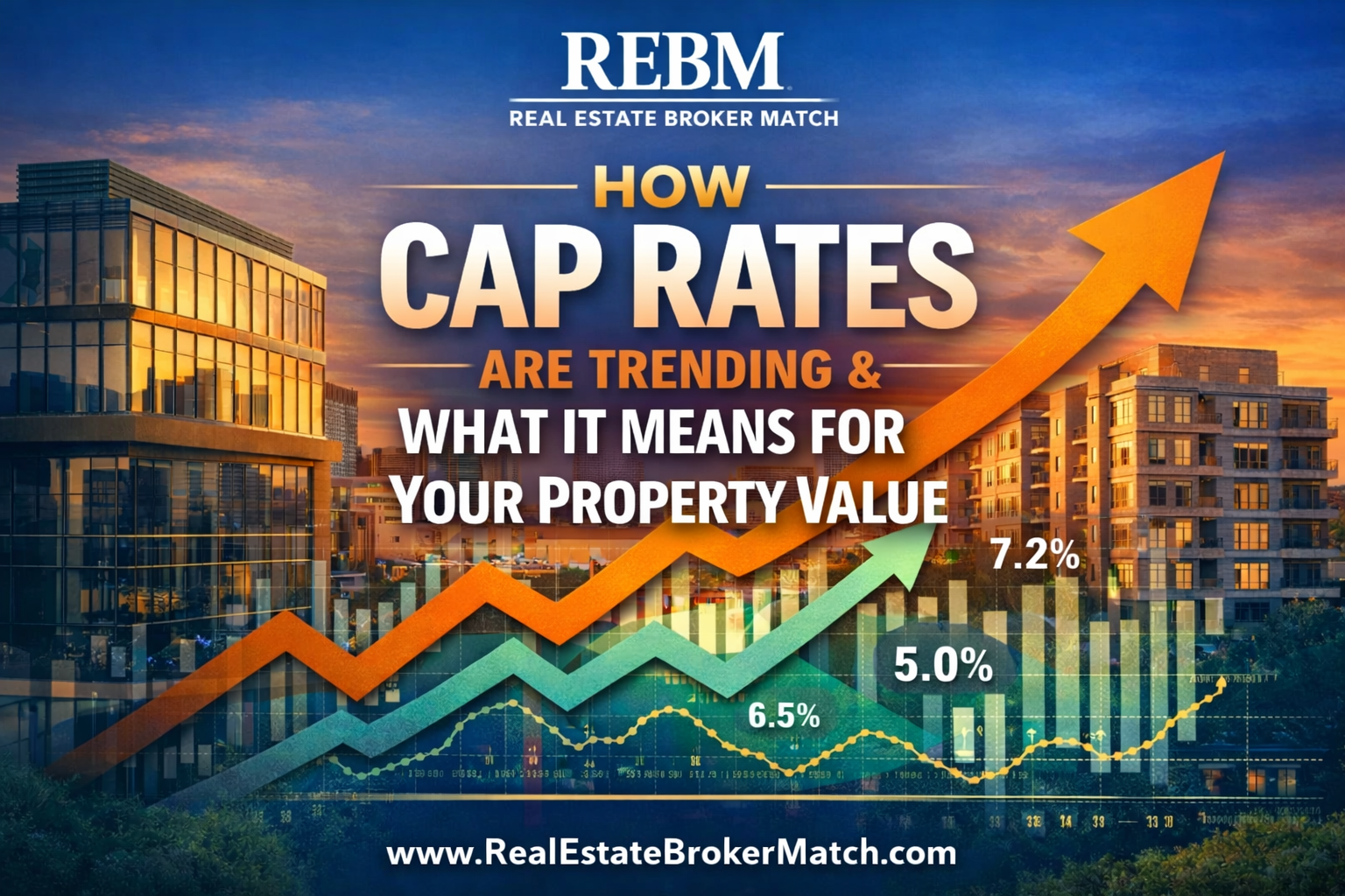 Illustration showing rising cap rate trends and their impact on commercial property values.