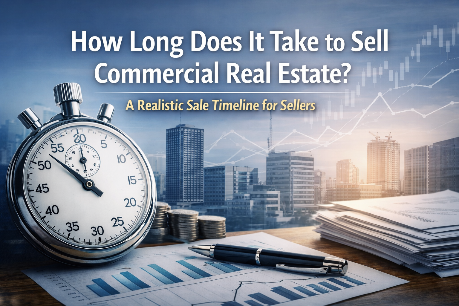 Stopwatch and financial documents illustrating the timeline to sell commercial real estate