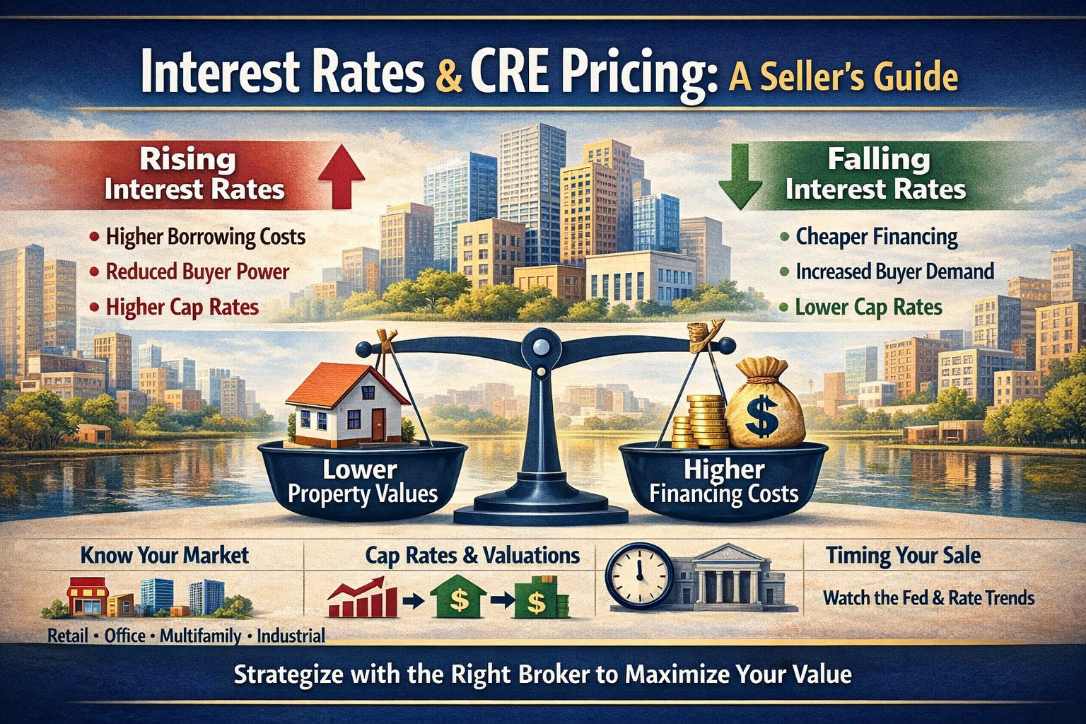 Illustration showing how interest rates impact commercial real estate pricing, cap rates, buyer demand, and property values across major asset classes.
