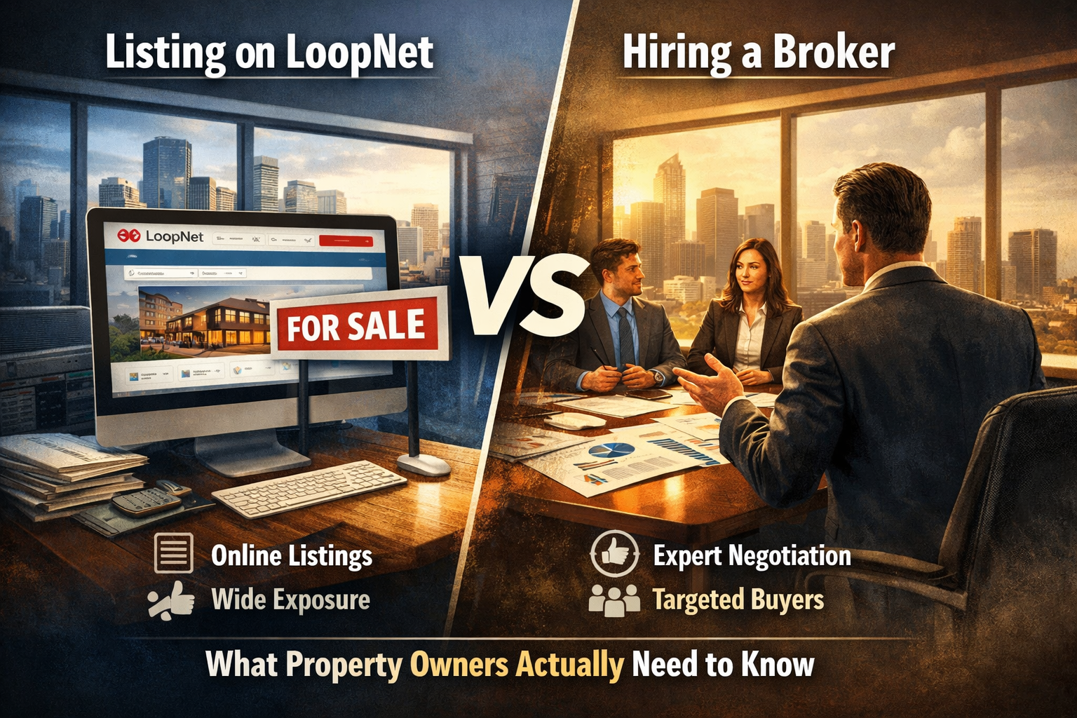 Listing commercial real estate on LoopNet versus hiring a commercial real estate broker to manage pricing, buyers, and negotiations.