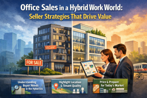 Illustration showing office buildings in a hybrid work environment, highlighting how sellers can position office properties to attract buyers and protect value.