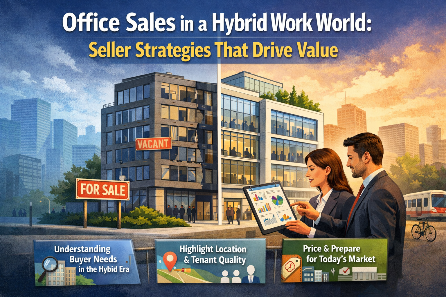 Illustration showing office buildings in a hybrid work environment, highlighting how sellers can position office properties to attract buyers and protect value.