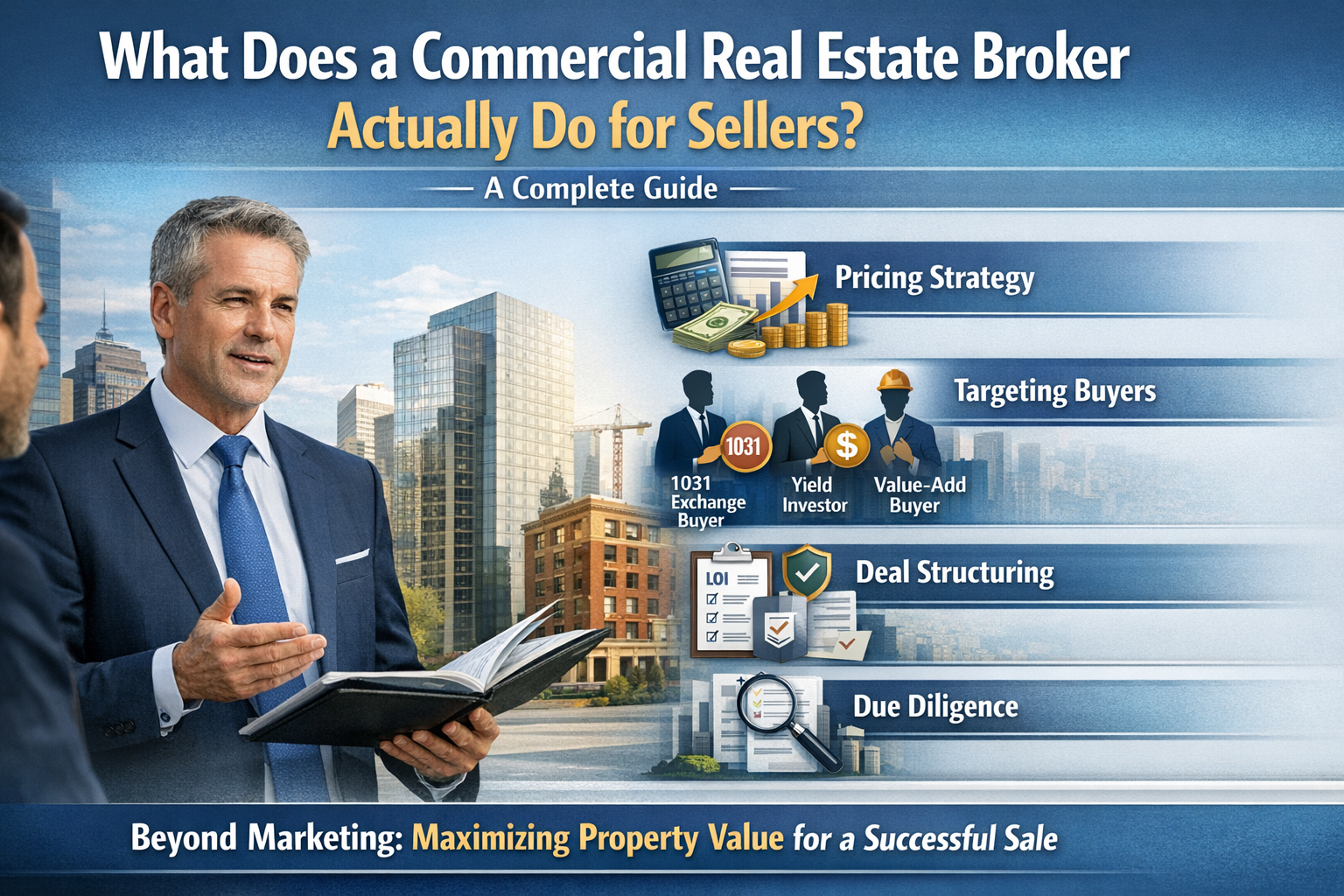 Commercial real estate broker explaining pricing strategy, buyer targeting, and deal structuring to a property seller