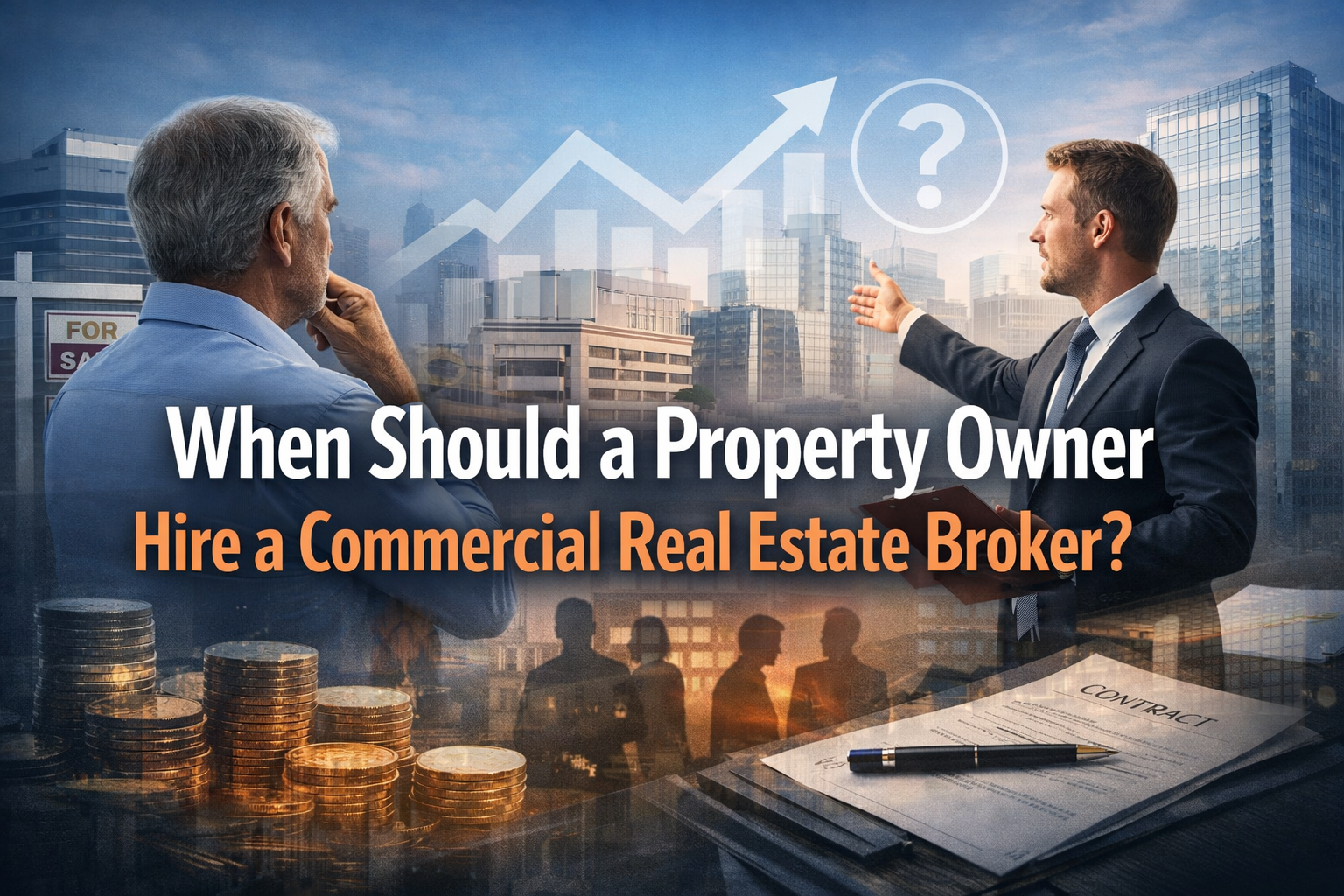Property owner discussing whether to hire a commercial real estate broker for selling a commercial property