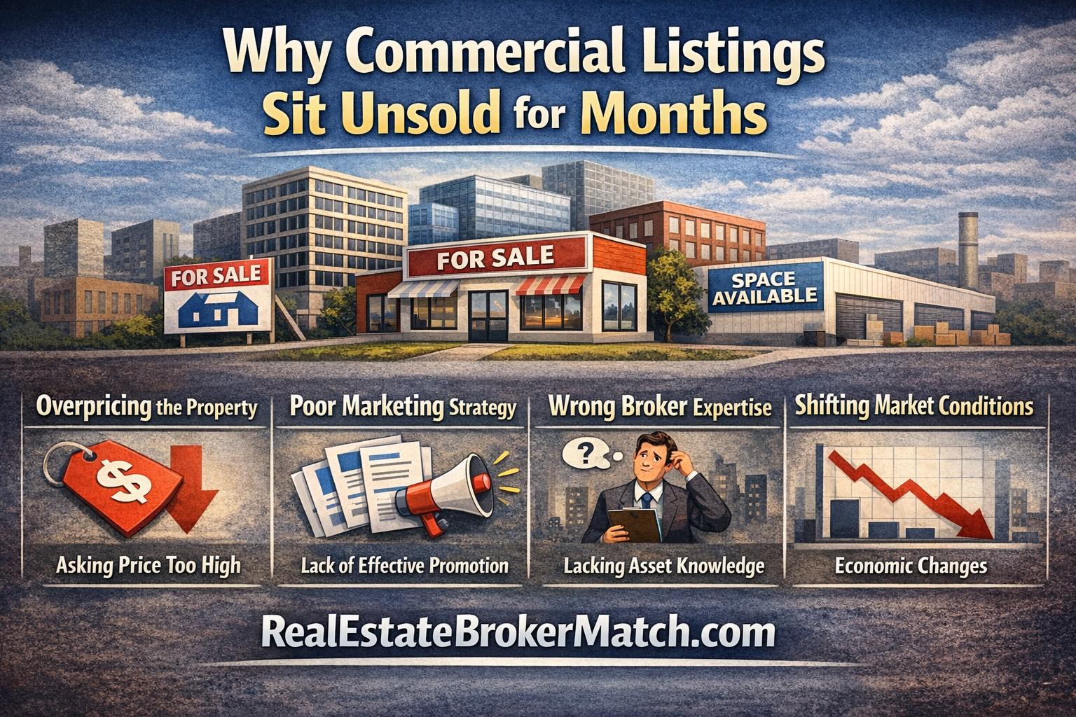 Illustration showing commercial buildings with “For Sale” signage, highlighting common reasons listings remain unsold such as overpricing, weak marketing, misaligned broker expertise, and changing market conditions.