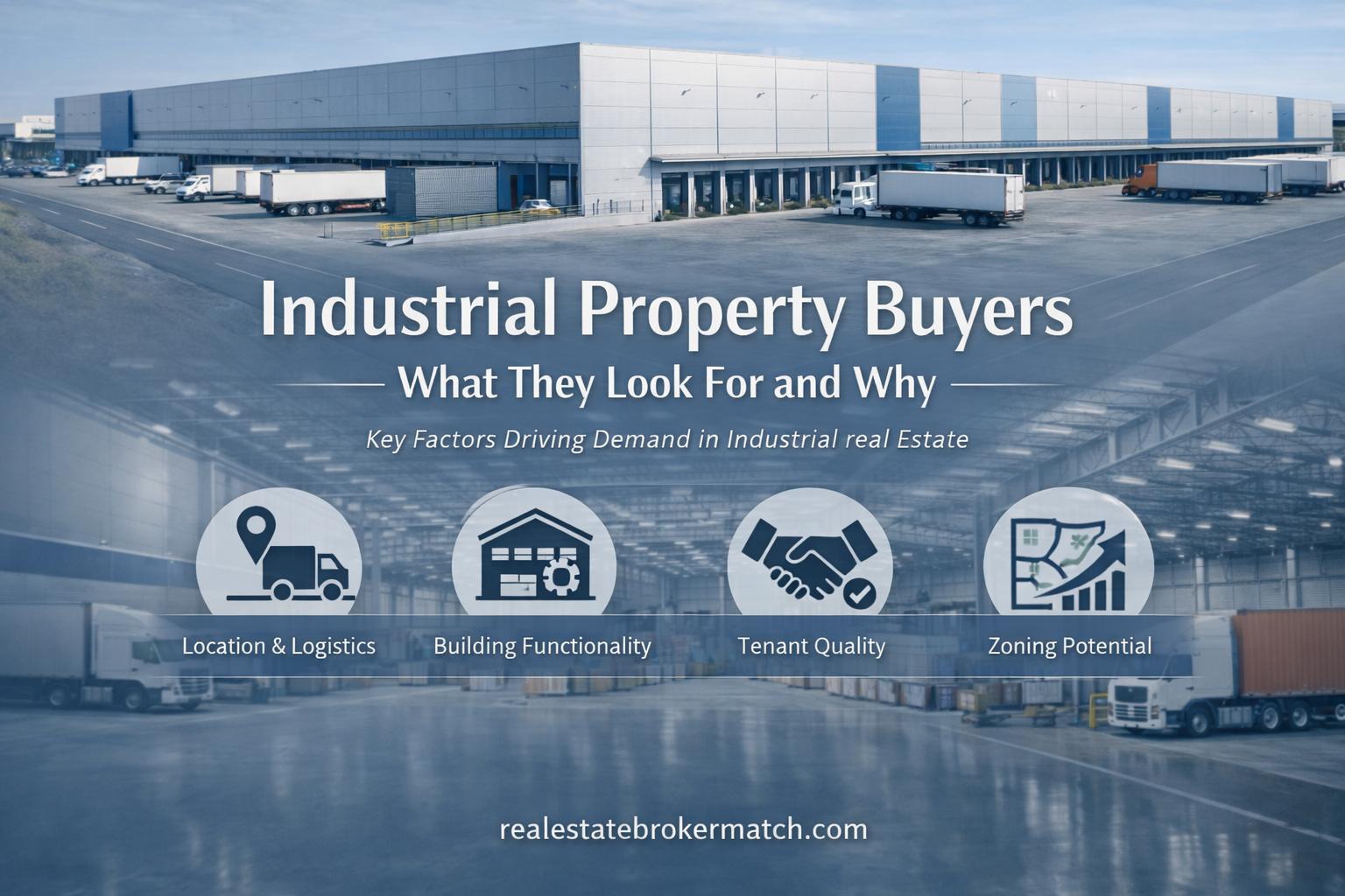 Modern industrial distribution center showing what industrial property buyers look for, including location, building functionality, and tenant quality